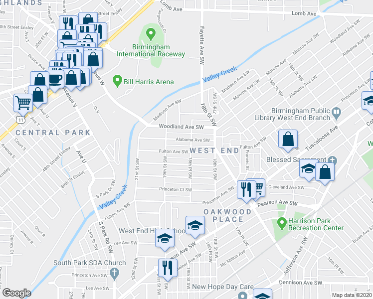 map of restaurants, bars, coffee shops, grocery stores, and more near 1852 Fulton Avenue Southwest in Birmingham