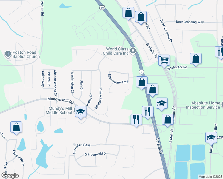 map of restaurants, bars, coffee shops, grocery stores, and more near 9696 Silverstone Court in Jonesboro