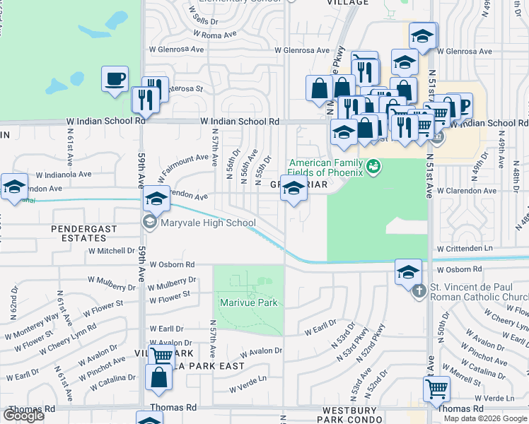 map of restaurants, bars, coffee shops, grocery stores, and more near 5523 West Weldon Avenue in Phoenix
