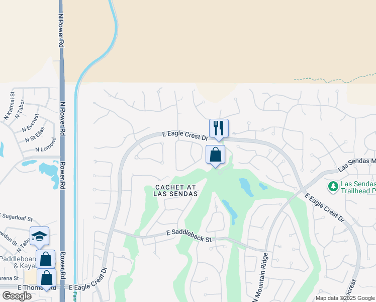 map of restaurants, bars, coffee shops, grocery stores, and more near 7445 East Eagle Crest Drive in Mesa