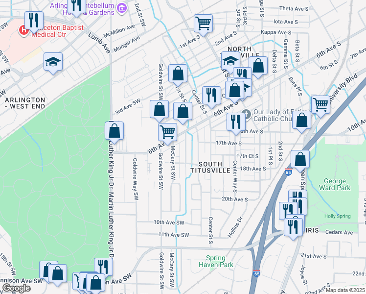 map of restaurants, bars, coffee shops, grocery stores, and more near 628 Center Way Southwest in Birmingham