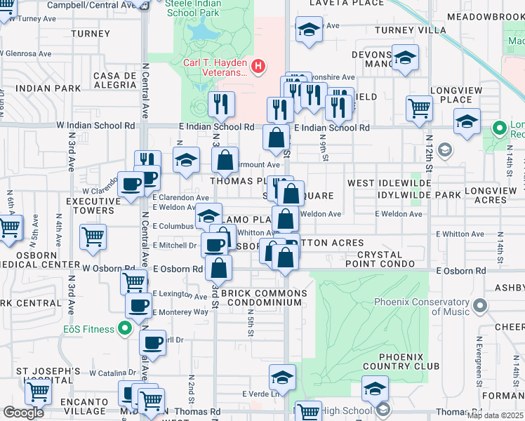 map of restaurants, bars, coffee shops, grocery stores, and more near 366 East Weldon Avenue in Phoenix