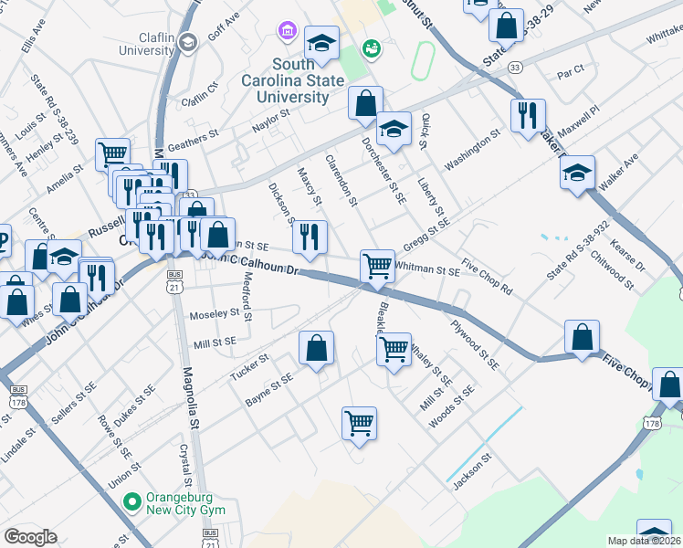 map of restaurants, bars, coffee shops, grocery stores, and more near 468 John C Calhoun Drive in Orangeburg