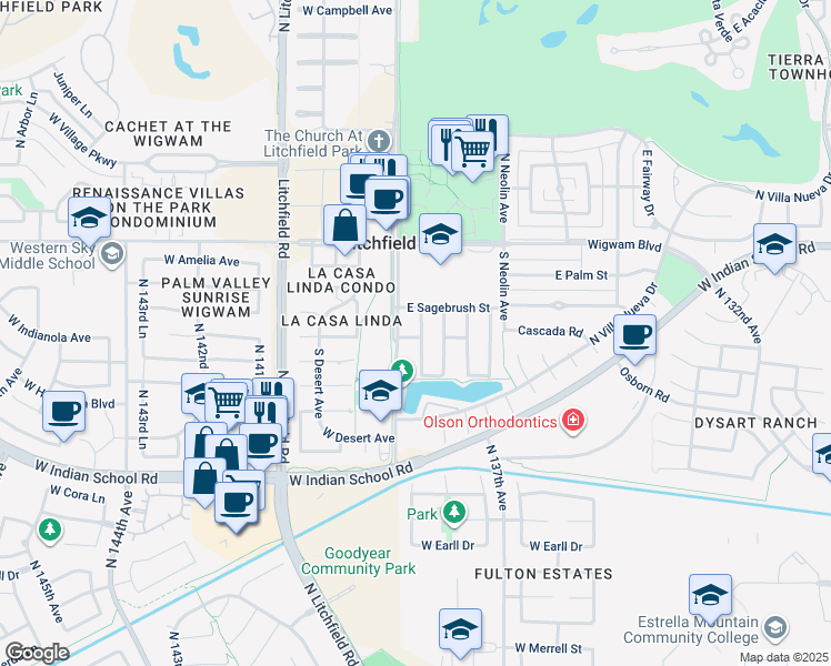 map of restaurants, bars, coffee shops, grocery stores, and more near 190 Laguna Drive West in Litchfield Park