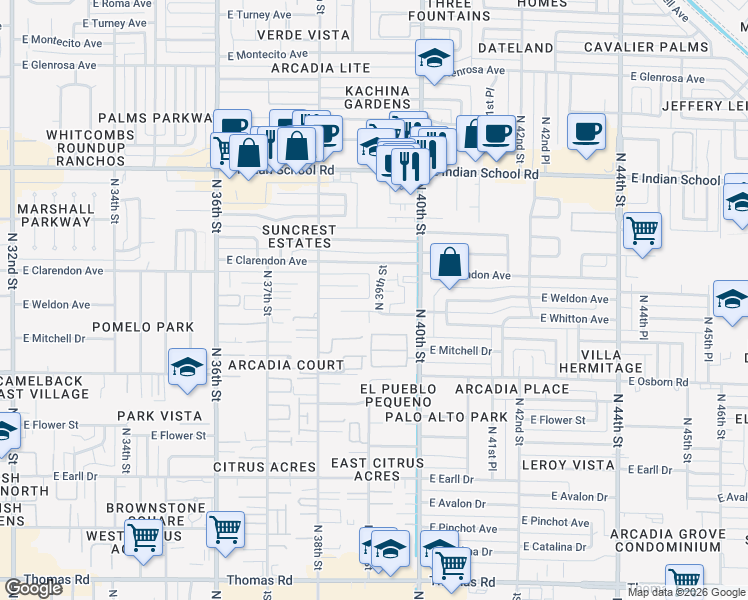map of restaurants, bars, coffee shops, grocery stores, and more near 3624 North 39th Street in Phoenix