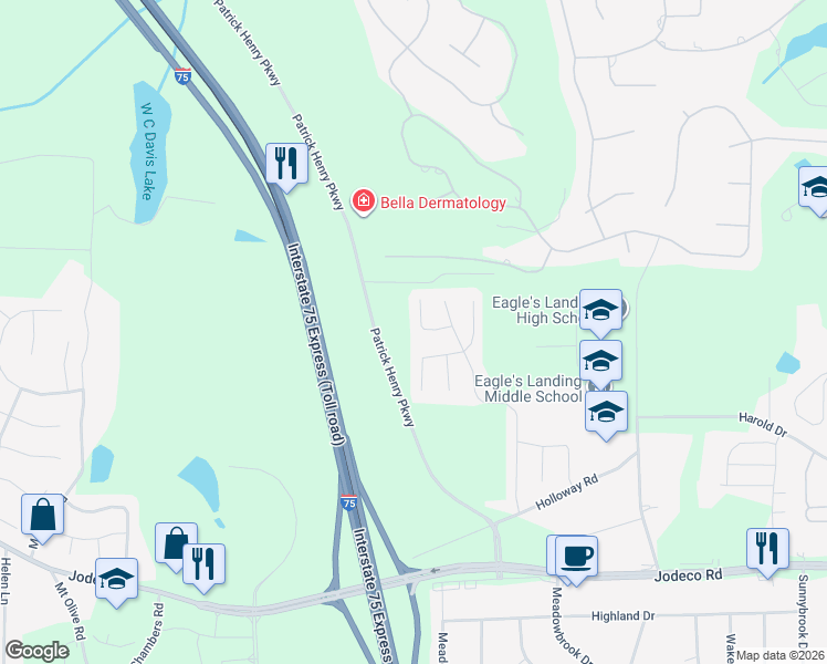 map of restaurants, bars, coffee shops, grocery stores, and more near 1229 Redbud Court in McDonough
