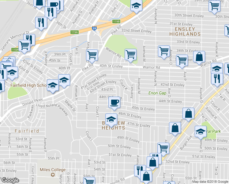 map of restaurants, bars, coffee shops, grocery stores, and more near 1025 44th Street Ensley in Birmingham