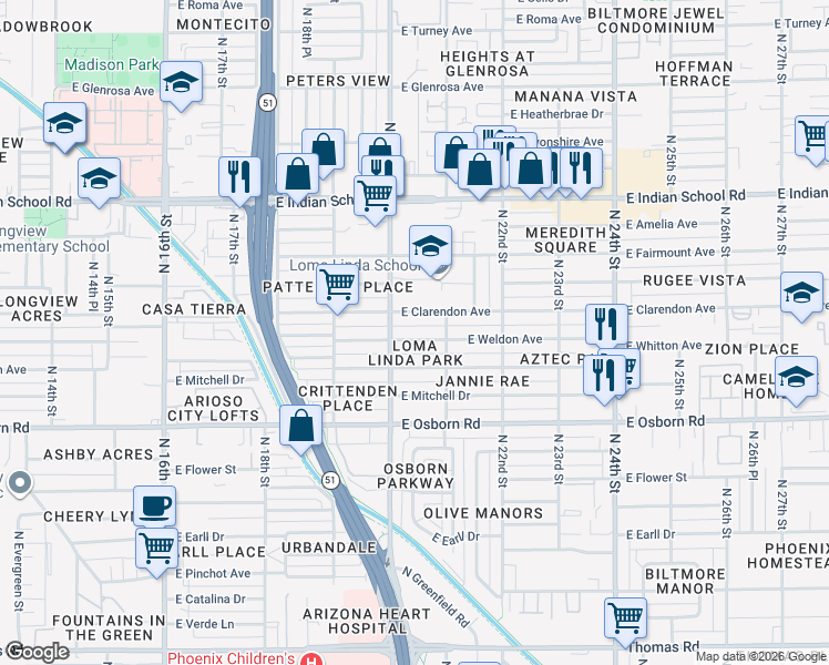map of restaurants, bars, coffee shops, grocery stores, and more near 2020 East Weldon Avenue in Phoenix