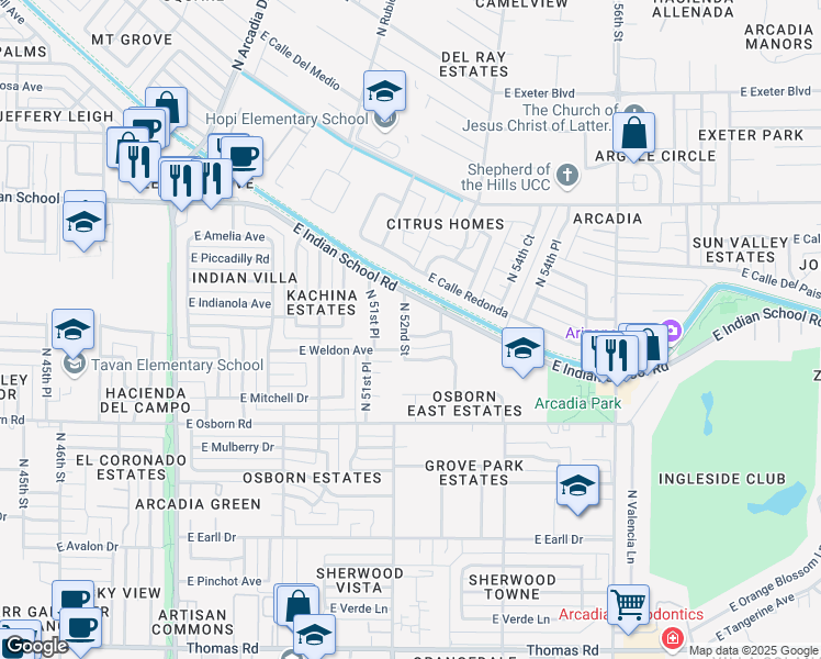 map of restaurants, bars, coffee shops, grocery stores, and more near 5204 East Weldon Avenue in Phoenix