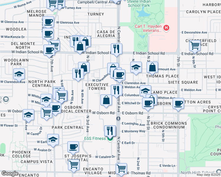 map of restaurants, bars, coffee shops, grocery stores, and more near 3636 North Central Avenue in Phoenix