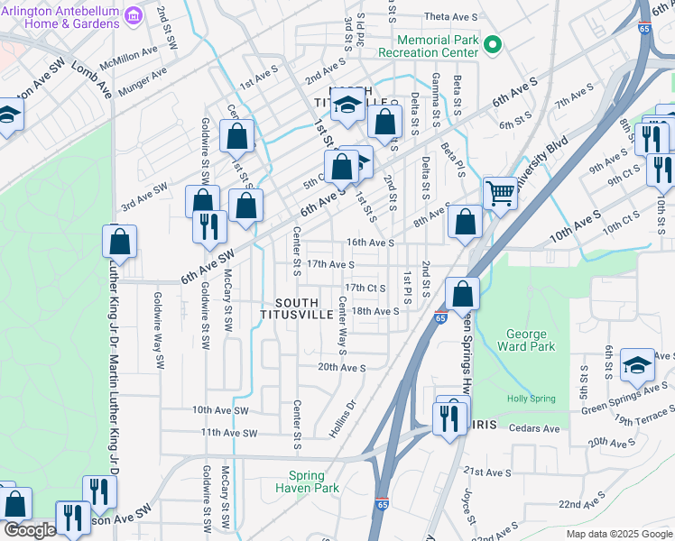 map of restaurants, bars, coffee shops, grocery stores, and more near 1704 Center Way South in Birmingham