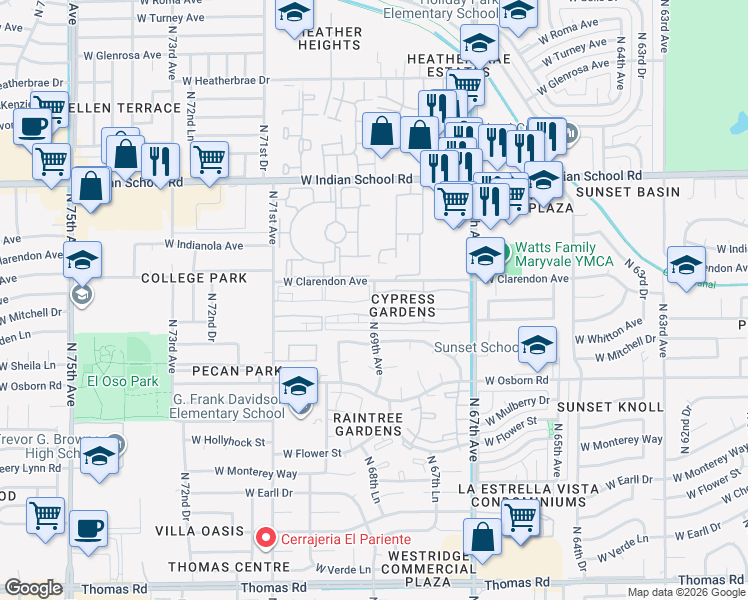 map of restaurants, bars, coffee shops, grocery stores, and more near 3602 North 69th Avenue in Phoenix