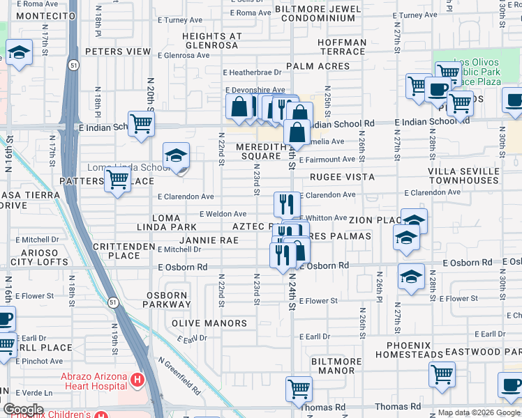 map of restaurants, bars, coffee shops, grocery stores, and more near 2302 East Weldon Avenue in Phoenix