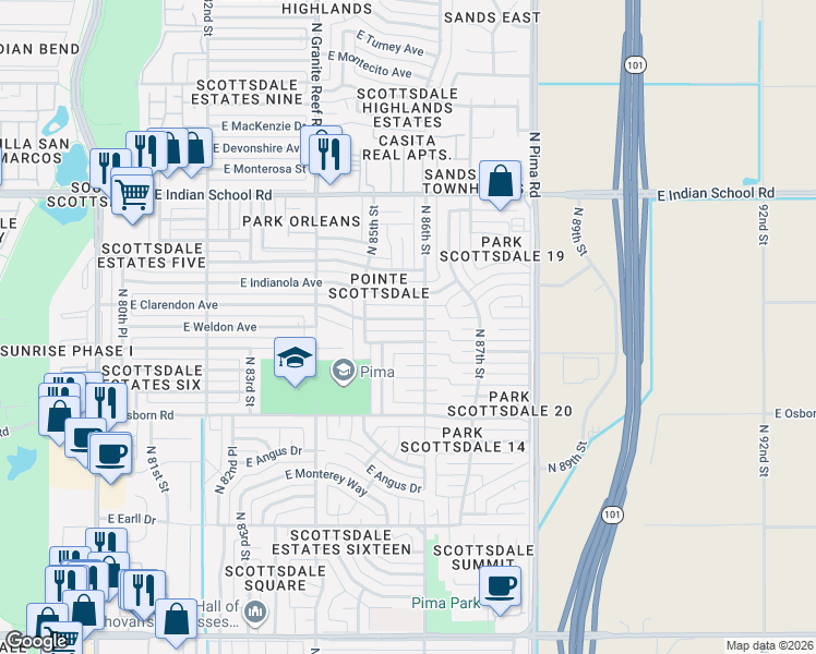 map of restaurants, bars, coffee shops, grocery stores, and more near 8531 East Clarendon Avenue in Scottsdale