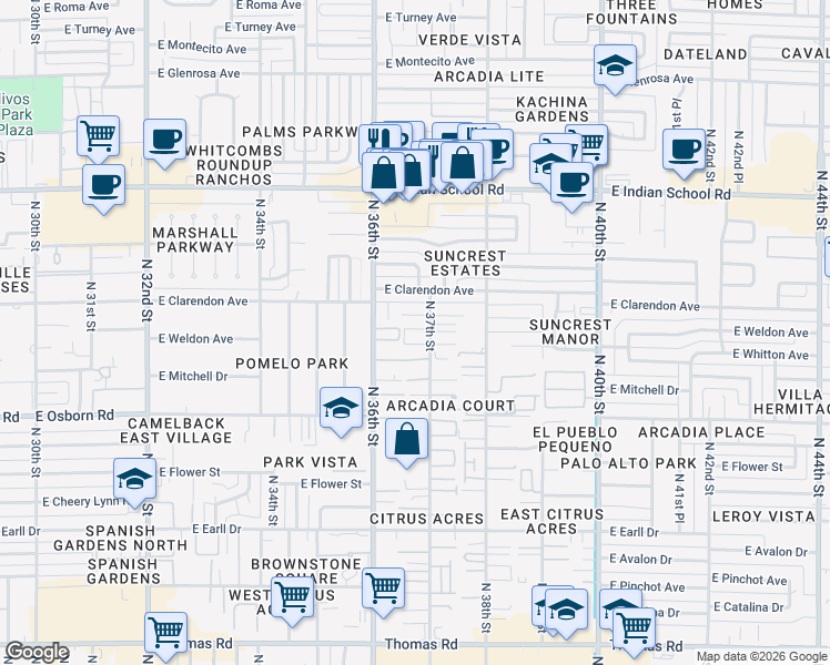 map of restaurants, bars, coffee shops, grocery stores, and more near 3626 North 37th Street in Phoenix