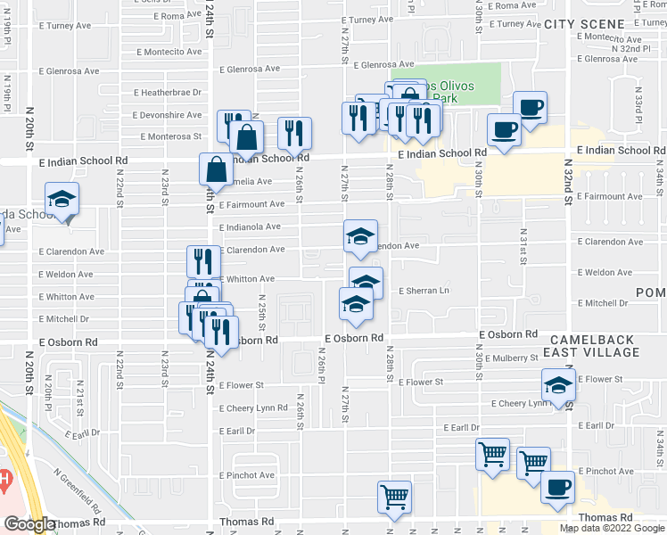 map of restaurants, bars, coffee shops, grocery stores, and more near 3610 North 27th Street in Phoenix