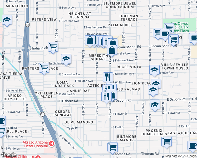 map of restaurants, bars, coffee shops, grocery stores, and more near 2302 East Weldon Avenue in Phoenix