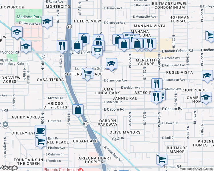 map of restaurants, bars, coffee shops, grocery stores, and more near 2020 East Weldon Avenue in Phoenix