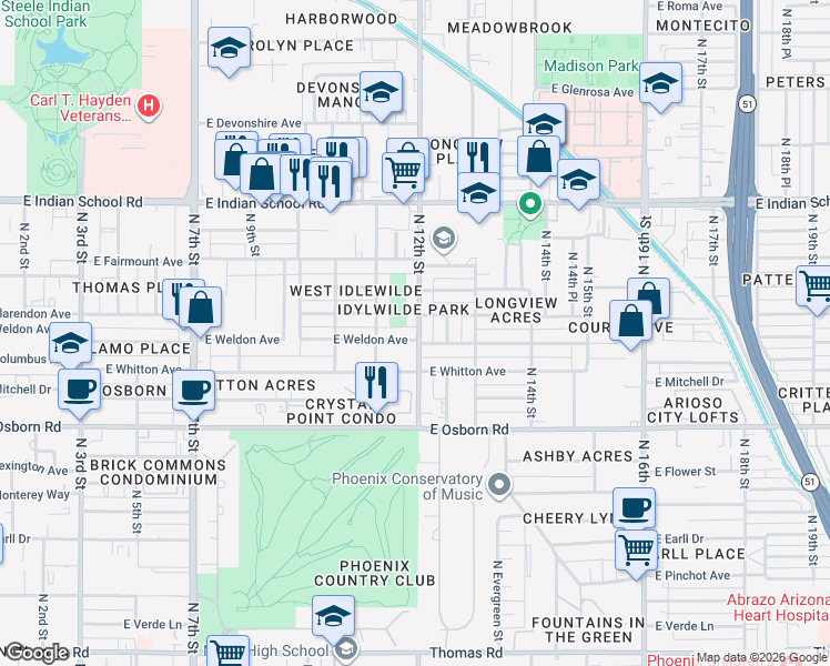 map of restaurants, bars, coffee shops, grocery stores, and more near 3715 North 12th Street in Phoenix