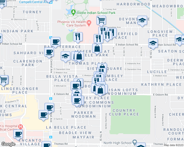 map of restaurants, bars, coffee shops, grocery stores, and more near 366 East Weldon Avenue in Phoenix