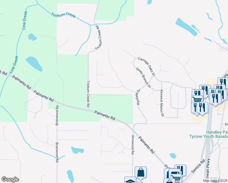 map of restaurants, bars, coffee shops, grocery stores, and more near 206 Chadmore Lane in Tyrone