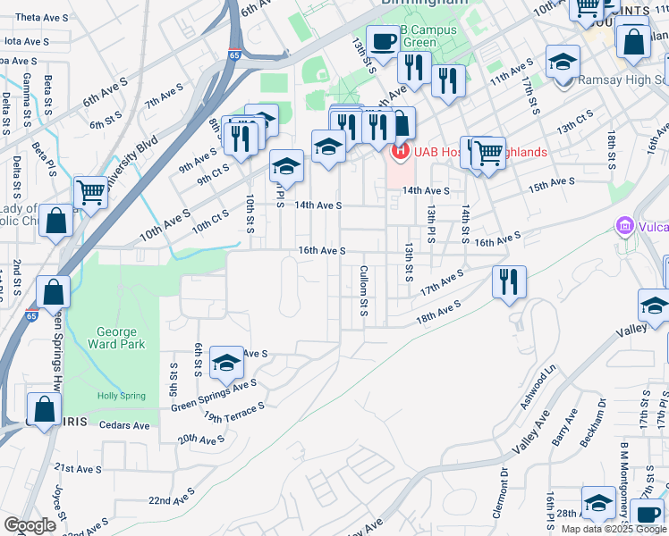 map of restaurants, bars, coffee shops, grocery stores, and more near 1620 11th Place South in Birmingham