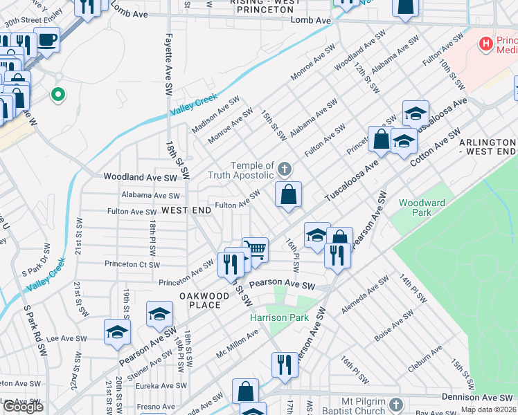 map of restaurants, bars, coffee shops, grocery stores, and more near 1645 Fulton Avenue Southwest in Birmingham