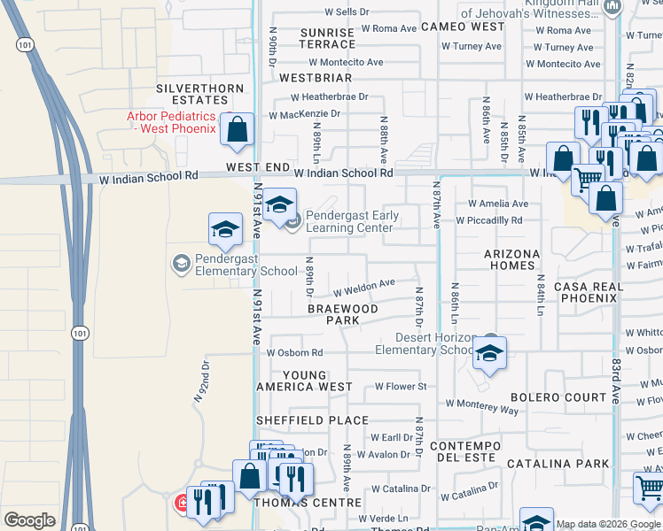 map of restaurants, bars, coffee shops, grocery stores, and more near 3651 North 89th Avenue in Phoenix