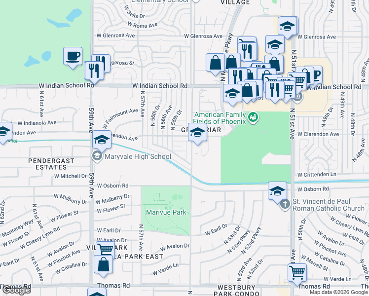 map of restaurants, bars, coffee shops, grocery stores, and more near 5523 West Weldon Avenue in Phoenix