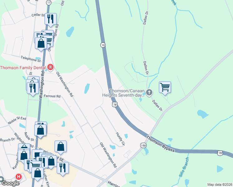 map of restaurants, bars, coffee shops, grocery stores, and more near 1243 Harrison Drive in Thomson