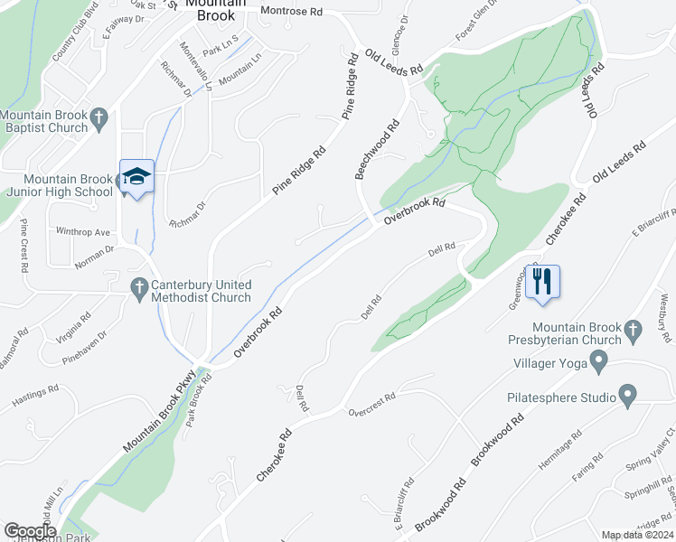 map of restaurants, bars, coffee shops, grocery stores, and more near 3317 Overbrook Road in Birmingham
