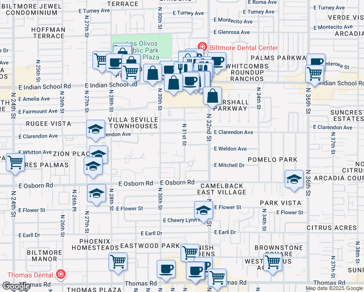 map of restaurants, bars, coffee shops, grocery stores, and more near 3624 North 31st Street in Phoenix