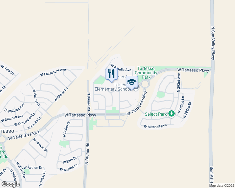 map of restaurants, bars, coffee shops, grocery stores, and more near 3832 North 297th Avenue in Buckeye