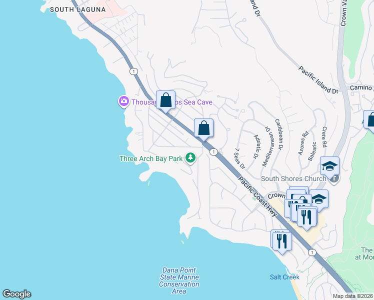 map of restaurants, bars, coffee shops, grocery stores, and more near 48 South Portola in Laguna Beach