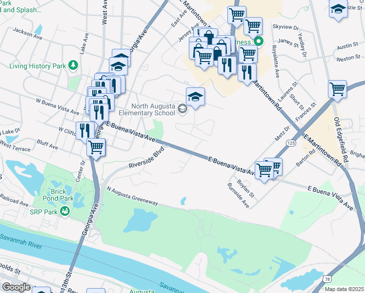 map of restaurants, bars, coffee shops, grocery stores, and more near 511 East Buena Vista Avenue in North Augusta
