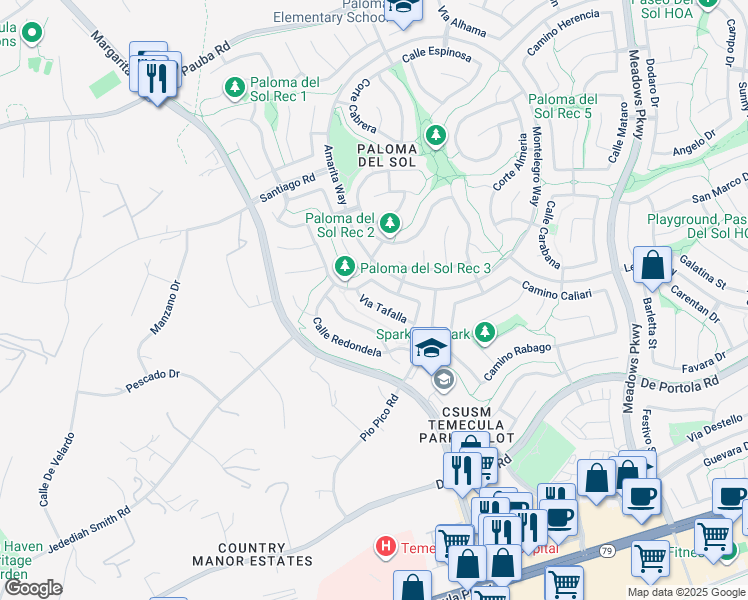 map of restaurants, bars, coffee shops, grocery stores, and more near 31870 Via Tafalla in Temecula