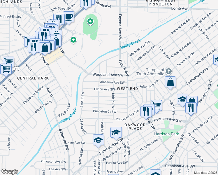 map of restaurants, bars, coffee shops, grocery stores, and more near 1860 Fulton Avenue Southwest in Birmingham