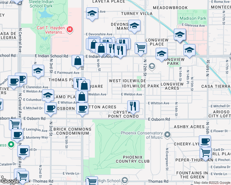 map of restaurants, bars, coffee shops, grocery stores, and more near 1010 East Weldon Avenue in Phoenix