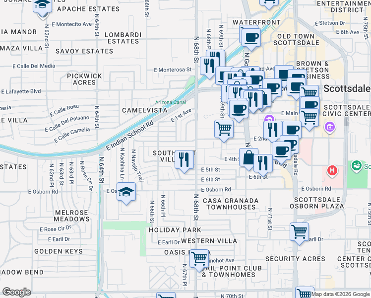 map of restaurants, bars, coffee shops, grocery stores, and more near 6714 East 3rd Street in Scottsdale
