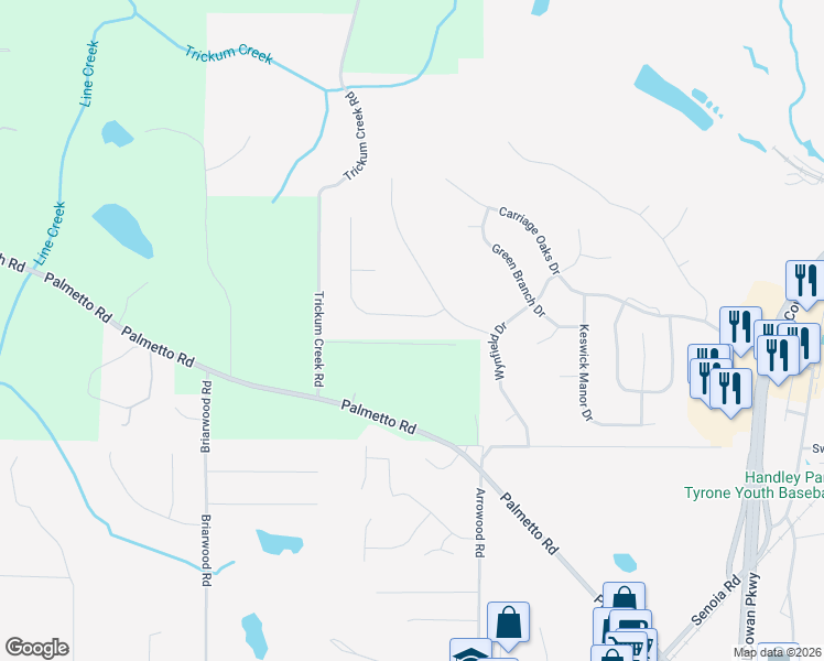 map of restaurants, bars, coffee shops, grocery stores, and more near 206 Chadmore Lane in Tyrone