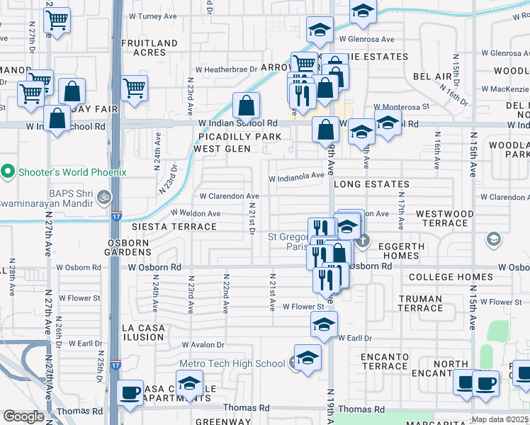 map of restaurants, bars, coffee shops, grocery stores, and more near 3626 North 21st Avenue in Phoenix