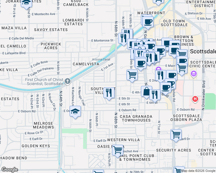 map of restaurants, bars, coffee shops, grocery stores, and more near 6714 East 3rd Street in Scottsdale