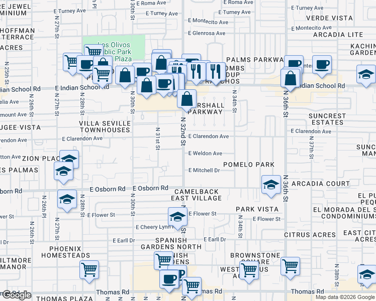 map of restaurants, bars, coffee shops, grocery stores, and more near 3701 North 32nd Street in Phoenix