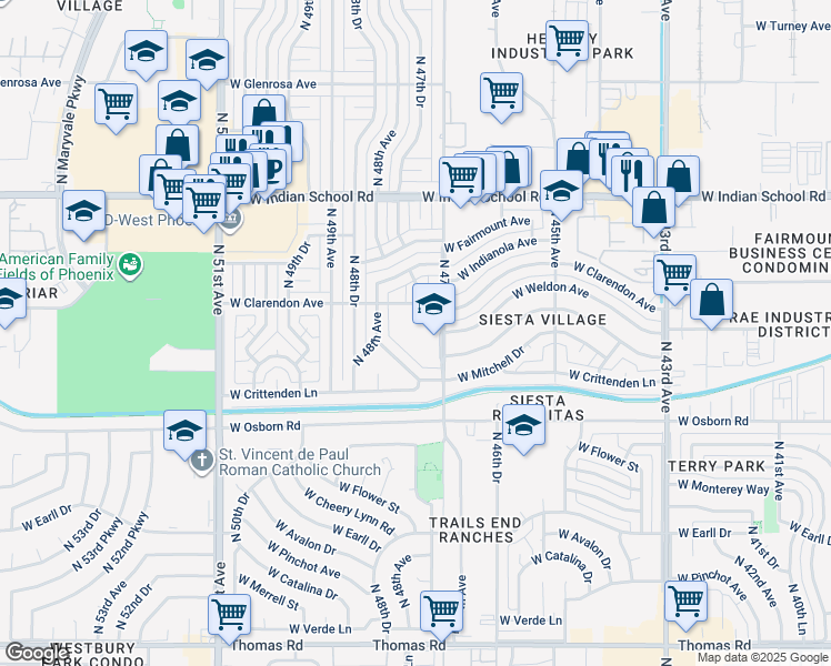 map of restaurants, bars, coffee shops, grocery stores, and more near 3602 North 47th Avenue in Phoenix