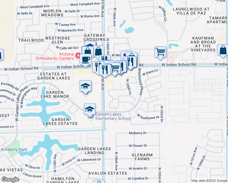 map of restaurants, bars, coffee shops, grocery stores, and more near 10629 West Piccadilly Road in Avondale