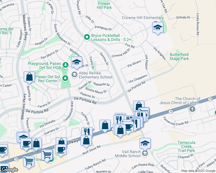 map of restaurants, bars, coffee shops, grocery stores, and more near 33021 Adelante Street in Temecula