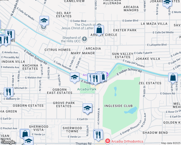 map of restaurants, bars, coffee shops, grocery stores, and more near 5525 East Calle Ventura in Phoenix
