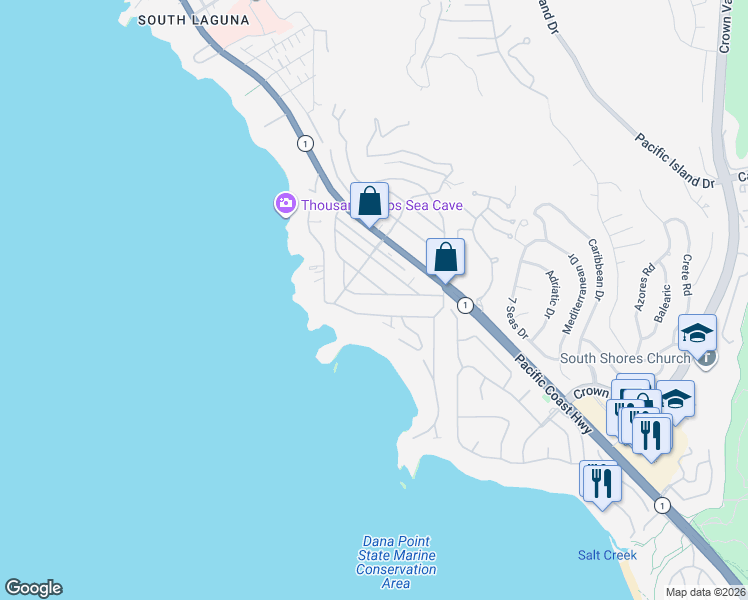 map of restaurants, bars, coffee shops, grocery stores, and more near 20 South Portola in Laguna Beach
