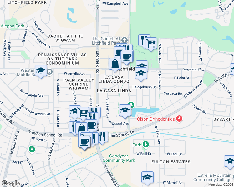 map of restaurants, bars, coffee shops, grocery stores, and more near 238 West Cardeno Circle in Litchfield Park
