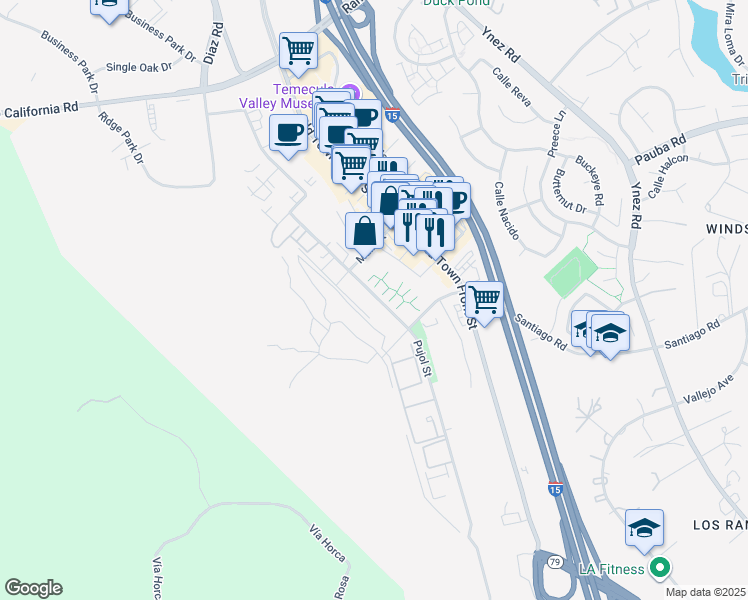 map of restaurants, bars, coffee shops, grocery stores, and more near 28701 Pujol Street in Temecula
